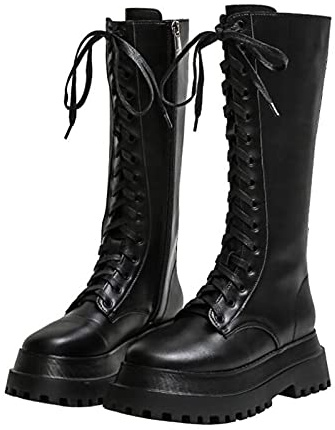 Donna A metà Polpaccio Stivali di Pelle con Plateau Stringati Stivaletti Alti Retro Anfibi Biker Combattimento Stivali Lunghi,Nero,38 EU