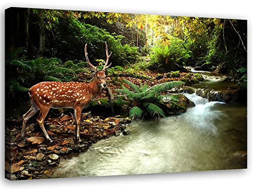 Feeby Vlies Leinwandbild Reh Hirsch Wald Geweih 30x20 cm Wand Bild Kunstdruck Deko Wohnzimmer Wohnungs Deko Natur Bäume Fluss Wildes Tier Grün