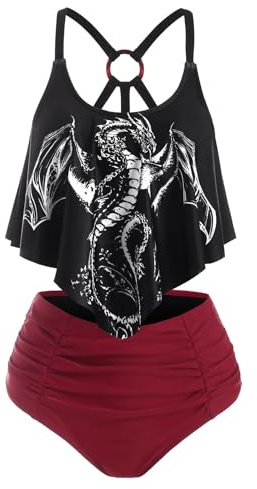 DRESSFO Retro Bikini Sets for Women Two Piece Vintage Gothic Dragon Print High Waisted Women's Tankini Swimsuits Bathing Suit
