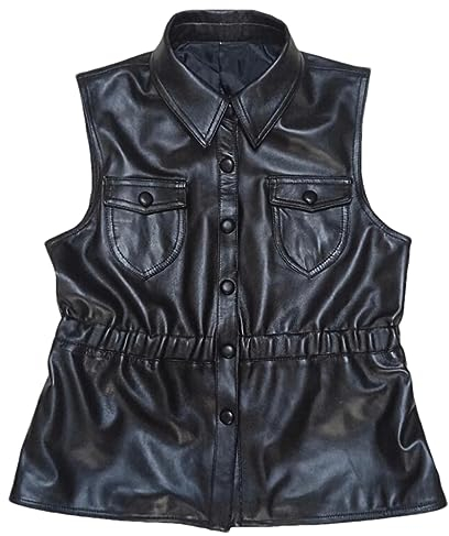 Hdhdeueh Damen Lederweste Revers Kurz Schaffell Slim Ärmellose Weste Kurze Oberbekleidung, 0597 Schwarz, 50