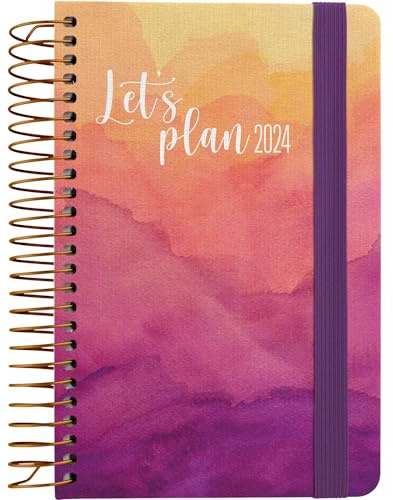 Grafoplás | Jahresplaner 2024 A6 | Passion-Design | Spanisch | Tag Seite | 10,5 x 16,5 cm | Spiralbindung | Hardcover mit bedrucktem Stoff ausgekleidet | elastischer Verschluss | Perfekt für die