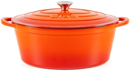 Lätt Home Cocotte in Ghisa Smaltata Arancione. Forno Olandese Pentola Ovale Antiaderente 33x11 CM - 6 L. Casseruola Pentola in Ferro per Induzione, Vetroceramica e Forno