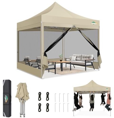 COBIZI Gazebo 3x3 Pieghevole Impermeabile,Gazebo Esterno Resistente con Zanzariera Parete Laterale,Tende per Gazebo,Tendone Padiglione Pop Up per Feste Campeggio con Borsa(3 per 3m Cachi)