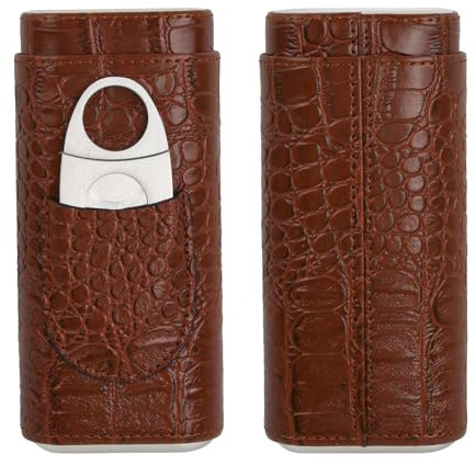 Humidor Cigarrlåda, krokodilmönster, läder, bärbar humidor, cigaretter, läder cigarrfodral med cigarrskärare, cigarrfodral för 3 cigarrer, cederträ, fodrad cigarrtillbehör för män (brun)