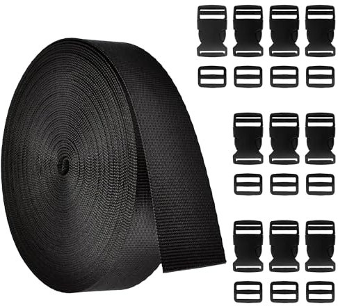 10 Meters Heavy Duty Nylon Webbing Strap Tape 25mm Wide Backpack Strapping Chest Strap with 20 PCS Adjustable Buckles and Tri-Glide Slides for Backpack Webbing Tape Repairing DIY Luggage Strap