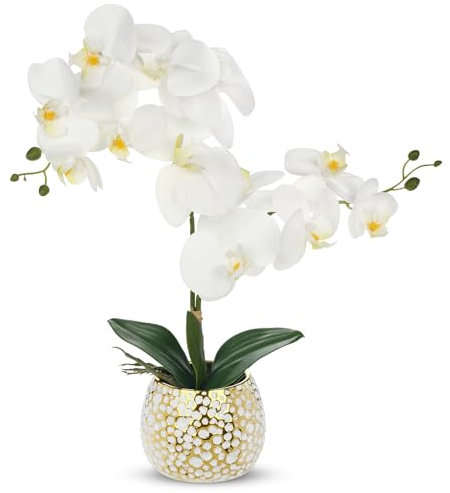 Hollyone Artificial Orchid in Ceramic Pot, 45CM Fake Orchid Plant for Centerpiece, White Artificial Flowers with Gold Pot for Home Decor, Living Room, Table, Shelf, Kitchen, Bathroom Decorations