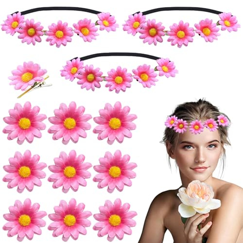 Oenothera 13 Stücke Gänseblümchen Haarband, Blumen Haarband, Blumenkränze Fürs Haar, Stirnband Blumen, für Mädchen Frau Braut Brautjungfer für Hochzeit Geburtstag Party(Rosa)