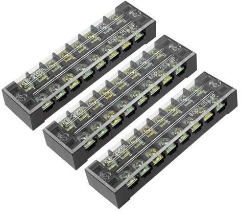 Rebower 8 Positions Dual Rows 600V 25A Terminal Strip Blocks Barrier Screws (with Cover), [for Wires Connecting, Electronic Circuits] - 3 Pack/Black/TB-2508L