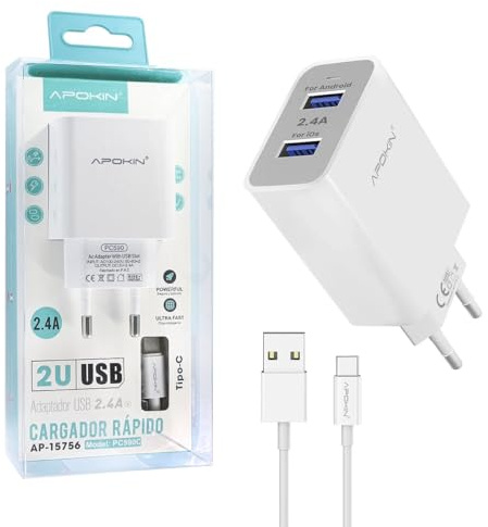 Cargador Red Entrada Doble USB-A 2.4A Cable Tipo-C Blanco 1 Metro con 2 Puertos Carga Rápida Compatible con Xiaomi Samsung Apple iPhone