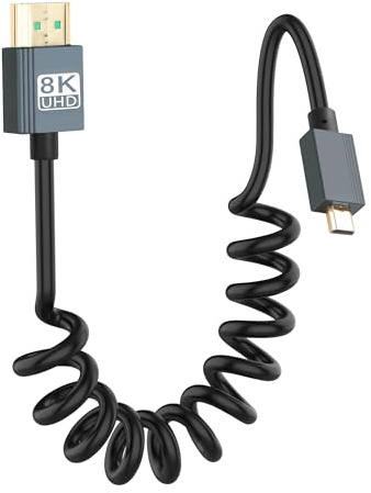 CERRXIAN Cable micro HDMI a HDMI 8K, cable espiral Ultra HD de alta velocidad HDMI a micro HDMI 2.1, admite 8K 4K 3D y HDR dinámico hasta 48 Gbps