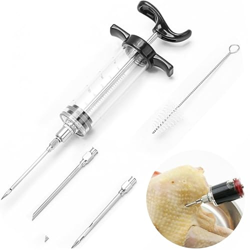 Fleischinjektor, 28 ml, Kunststoff, Grill-Marinade, Truthahn-Injektor-Set, 3 Edelstahl-Fleischnadeln + 1 Reinigungsbürste, Kunststoff-Marinadenspritze mit aufschraubbarer Fleischnadel für Grill,