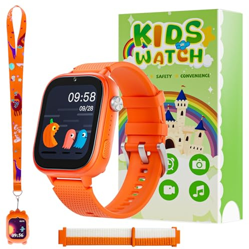 OKYUK 4G Kinder smartwatch, smartwatch Kinder mit GPS und Telefon,Armbanduhr Junge mädchen,mit Video Phone Call, Nachrichten, Schulmodus, SOS-Funktion, Kamera und Schrittzähler (Orange Farbe)