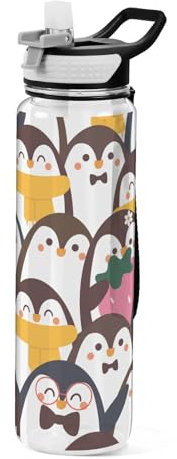 Mnsruu Transparente Sport-Wasserflasche mit Strohhalm, auslaufsichere Trinkflasche, Cartoon-Pinguin, Fahrradflaschen für Sport, Büro, Schule, BPA-freier Tritan-Kunststoff, 1 Liter