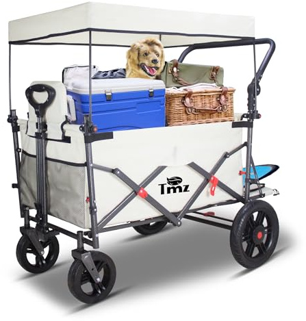 TMZ rullvagn, vikbar med tak, handvagn med 2-sitsiga och säkerhetsbälten, transportvagn med dra och glida, fotbromskapacitet 120 kg (beige)