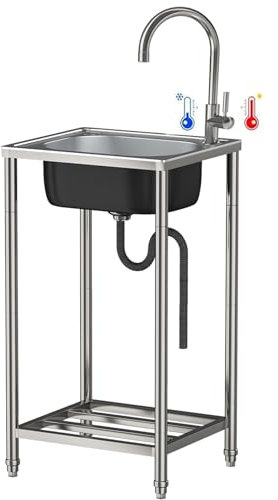 Évier Cuisine Inox Lavabo 38x33x82cm Évier En Acier Inoxydable Avec Robinet D'eau Chaude/Froide Évier Utilitaire Autoportant Pour Restaurant/Garage/Buanderie/Camping,Facile À Nettoyer