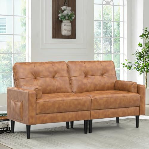 Aotumm Ciort Sofa 2 Sitzer, Modernes Design mit Dicken Polstern, 2 Kissen, Bequemes Leder mit 2 Staufächern für Wohnzimmer/Schlafzimmer/Büro, Leicht zusammenzubauend, Klein, Braun