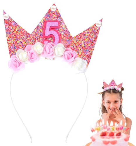 Nogeqi Corona per bambine 5 anni e 6 anni di compleanno con numeri glitter e fiori rosa, rosa (rosa), 20 x 10,5 cm