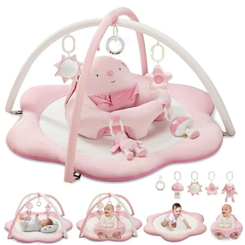 Suihuooo 3-in-1 Baby Play Mat, Baby Seats for Infants to Sitting Up, Mats for Floor Play with 5 Detachable Toys, Baby Gym for Babies 0-6 6-12 Months, Pink
