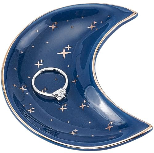 Beebeecraft Vassoio Portagioie In Porcellana Da 4x3.2 pollice Piatto Portaoggetti In Ceramica Blu con Luna e Stella per Orecchini Anelli Bracciali Collane Espositore Portaoggetti