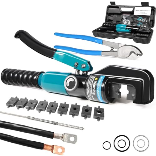 Brileine Kit di crimpatura idraulica da 10 tonnellate e crimpatrice per cavi a batteria con 9 matrici e tagliacavi, per cavi da 12 AWG a 2/0 AWG, cavi in acciaio inossidabile da 1/16 1/8 3/16 e