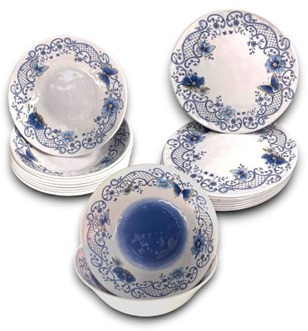 KORAT - Set di Stoviglie in Melamina - 4 Fantasie Disponibili - Piatti Piani, Piatti Fondi, Insalatiere, Ciotoline - Leggero, Durevole, Lavabile in Lavastoviglie, BPA Free (15, Blu)