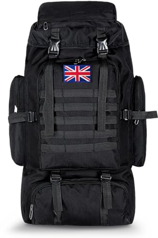 Lesbyit 80L Waterproof Hiking Backpack, Lightweight Tactical Rucksack for Camping & Travel, Large Capacity, with 2 British Flags, Black (BLACK) (Black)