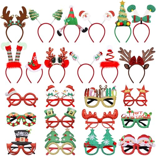 SIQUK 24 Stück Weihnachten Haarreifen Weihnachtsbrille Set, Weihnachten Stirnbänd Haarband Brille Rahmen Weihnachts Kopfschmuck Weihnachtsbaum für Weihnachs Party Kostüm