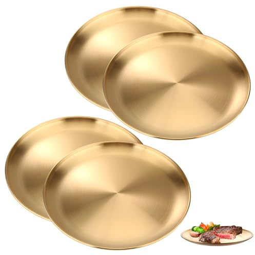 VIDETOL 4 Stück Rundes Tablett Gold Edelstahl 23cm Speiseplatte Edelstahl Goldener Teller Serviertablett Gold Servierteller für Küche, Party, Picknick