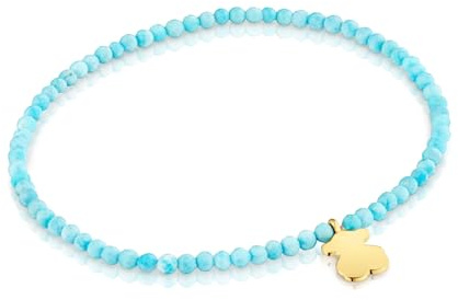 TOUS Pulsera Elástica para Mujer con Bolas Redondas Facetadas de Magnesia Azul Tratada y Motivo Oso con Baño de Oro 18 Kt Sobre Plata, 17cm de Largo, Colección Motivos