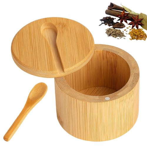 GYTFOG Bamboo Salt Box, Salt Jar with Lid and Spoon, Compact Salt Pig for Cooking, Spice Storage for Home Chefs, Restaurants and Camping