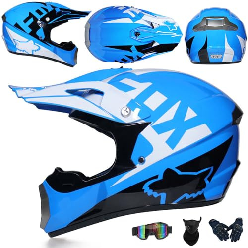 Casco De Moto Mujer Hombre Cascos De MTB De Cara Completa Casco De Motocross Certificado Dot/ECE con Gafas Máscara Guantes Ciclomotor Seguridad Cascos De Descenso para Cruiser Chopper,Blue-M