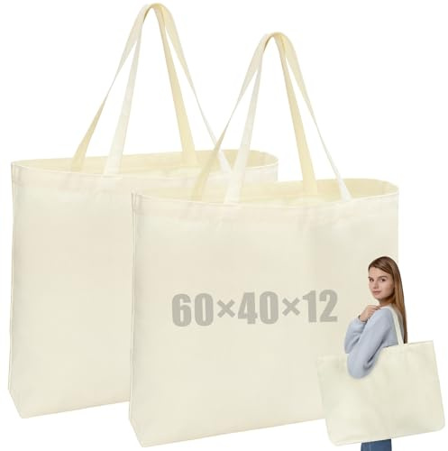 2 Stück Baumwolltasche, 60×40×12cm Super Groß Einkaufstasche mit Verdicken Handband, Verdicken Vielseitig Stoffbeutel, Wiederverwendbare Unbedruckt Baumwollbeutel für Einkauf, Reisen, Sport, Alltag