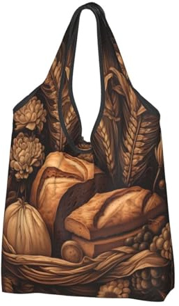 Mexpekil Sac à provisions pliable avec impression de pain et plantes de blé - Sac fourre-tout réutilisable et imperméable pour le shopping quotidien