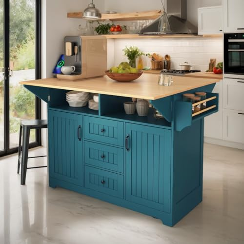 eodme Home Kitchen Island on Wheels with Storage, Corner Coffee Bar Island Table Cabinet with 2 Drop Leaf, 3Drawers, Power Outlet, Compact Dining Breakfast Table with Extended Countertop(Green)