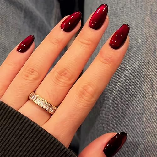 Funkelnde rote künstliche Fingernägel, Mandelform, mittelgroß, mit Katzenaugen-Motiv, Acryl-Nägel für Frauen und Mädchen, 24 Stück, für den täglichen Gebrauch, Maniküre-Dekoration