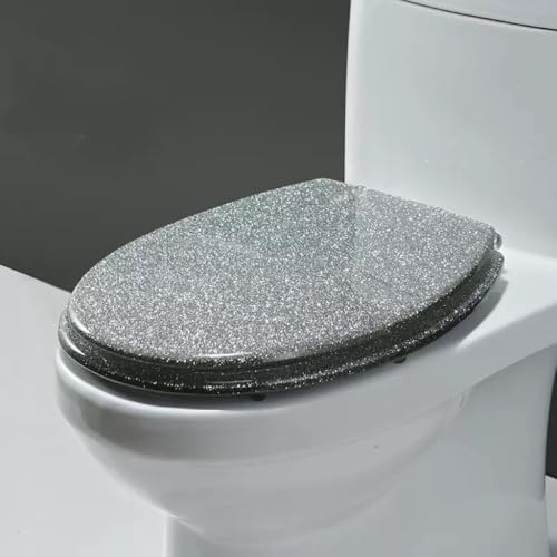 LEWFECBO Abattant WC avec fonction de fermeture en douceur, couvercle de WC en résine pailletée rose et argent, convient aux toilettes rondes et ovales, gris