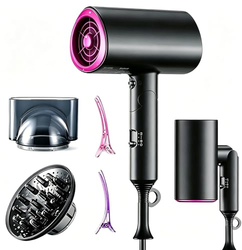 Athebalove Ionen Föhn 2000W Haartrockner, Klappbar & Leicht Hair Dryer | 3 Temperaturstufen mit Überhitzungsschutz, 200 Millionen Negative Ionen Haarpflege Reiseföhn mit Diffusor und Stylingdüse