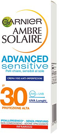 Garnier Ambre Solaire Crema Viso Anti-Imperfezioni Advanced Sensitive, SPF 30, Protezione Alta, Arricchita con Acido Salicilico e Radice di Zenzero, 50 ml