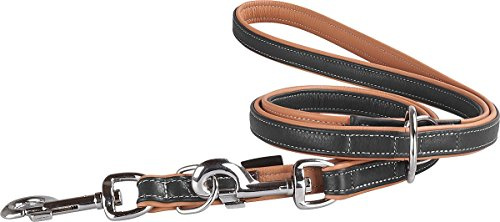 Knuffelwuff Leder Hundeleine Führleine Arcadia mehrfach verstellbar Länge 200cm, Breite 15mm Schwarz