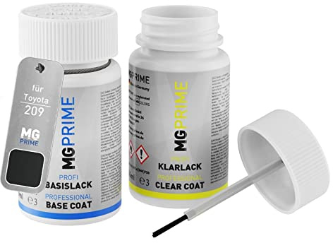 MG PRIME Autolack Lackstift für Toyota 209 Nightsky Black Mica + Klarlack | Mysticschwarz Mica, Set aus Basislack + Klarlack, Lackfläschchen mit Pinsel, je 50ml