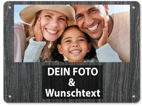 Tassendruck Blech-Schild mit Foto und Text selbst gestalten/Personalisierbar mit eigenem Bild als Metall-Poster / A5 (15x20cm) im Querformat/Holz 1