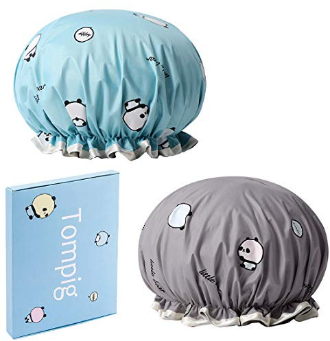 Shower Caps, Tompig 2 Packs Waterproof Bath Caps, Elastic Band Shower Hat Waterproof for Women Shower Spa (Blue,Grey)