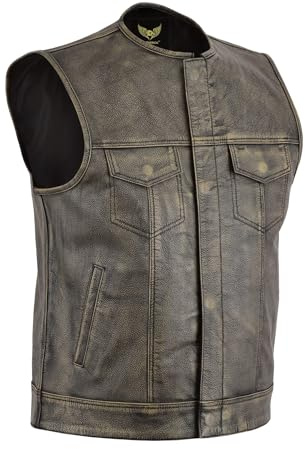 Chaleco de motociclista Leatherick SOA para hombre, de grano superior, marrón antiguo, sin cuello, estilo chaleco de montar a la moda con bolsillos profundos. (FR/ES, Números, 50, Regular, Regular)