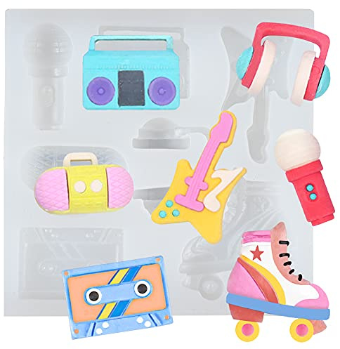 Fondant Silikonform für Tortendeko Cupcake Topper Kuchenaufsatz Gitarre Kopfhörer Mikrofon Rollschuh Radio Recorder Kasette