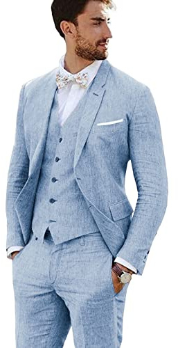 Furuyal Leinenanzug, 3-teilig, Vintage-Retro-Stil, Hochzeit, Abschlussball, Anzüge, schmale Passform, Jacke, Blazer, Bräutigam, Smoking, Blau, L