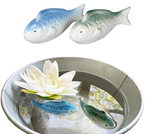 itsisa Schwimmtiere Fische blau, grün (2er Set) aus Porzellan schwimmend als Teich Deko - Deko für Vogeltränke, Fisch, Gartenteich, Frosch, Gartendeko (Fische)
