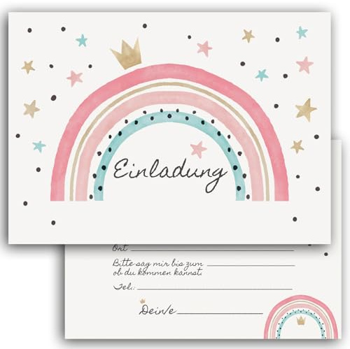 E&G Klasse 10x Kinder Einladungskarten Einladung Kindergeburtstag Mädchen Regenbogen Pastell Geburtstag Sterne Rosa 10x15 cm Party Kinder 1 2 3 4 5 6 7 8 9 10