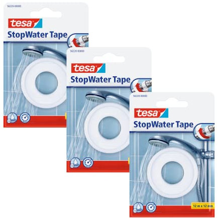 tesa® StopWater - Cinta autoadhesiva de PTFE impermeable, flexible, fuerte y autoadherente, para sellar fugas de agua, 3 unidades, 12 m x 12 mm, color blanco