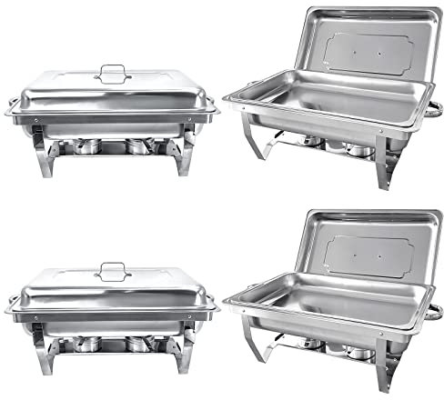 PRIJESSE Chafing Dish, Buffet Serving Utensils, Rectangle Stainless Steel Food Warmer Kit with Lids Food Pans Bain Maries and Fuel Holders for Restaurant Catering Parties Weddings (4 Pack)