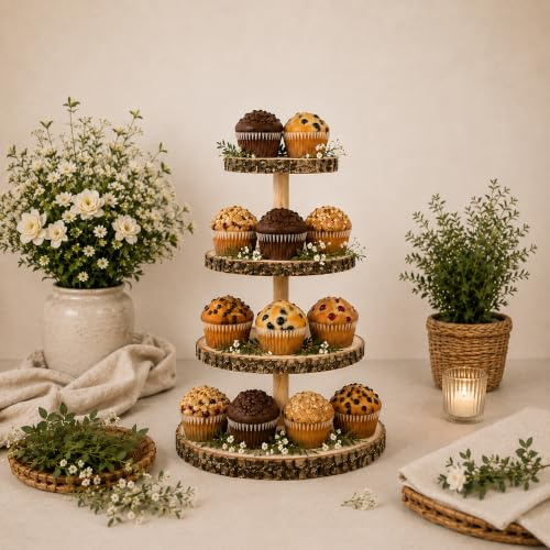 Wooden 4 Tier Rustic Cupcake Stand, Great for Wedding Cake Wood Display Tiered Centerpiece, Dessert Tower for Parties & Events